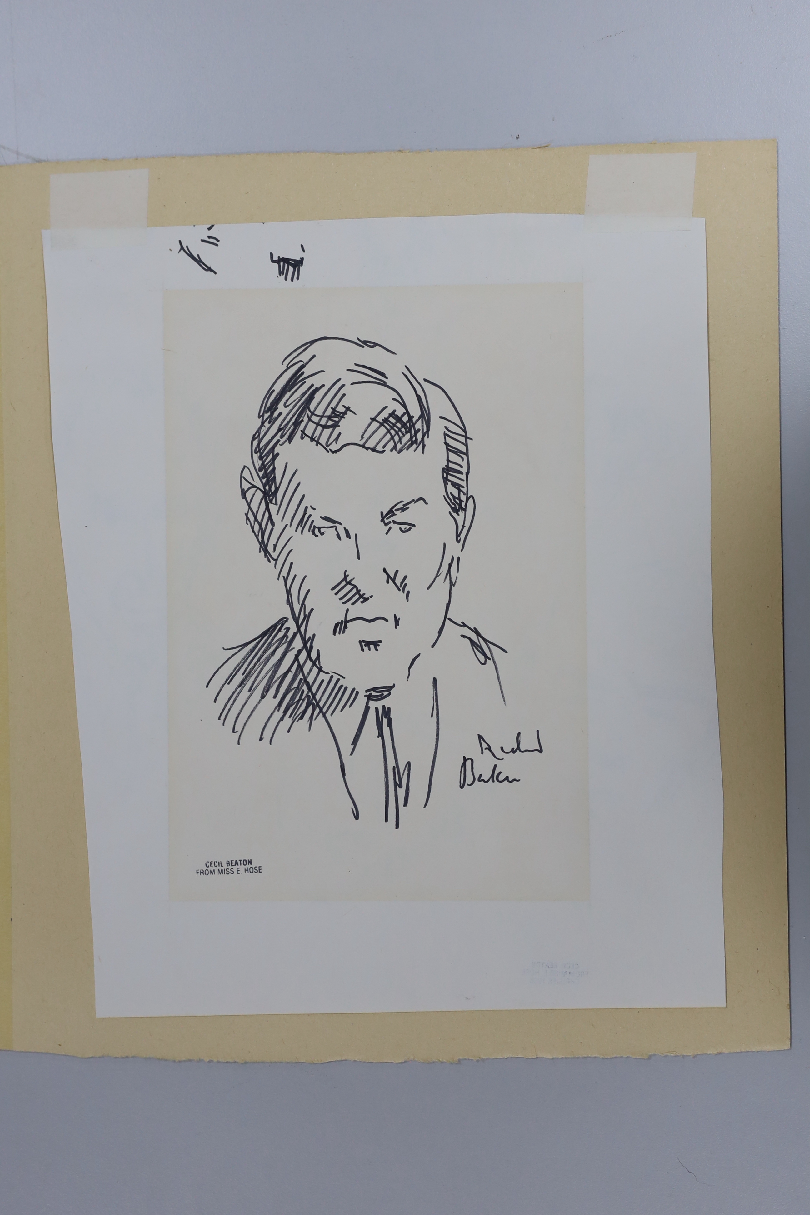 Cecil Beaton (1904-1980), pen and ink sketch, Portrait of newsreader Richard Baker, inscribed, with ‘Cecil Beaton from Miss E Hose’ stamp and pencil sketches verso, 19 x 12cm